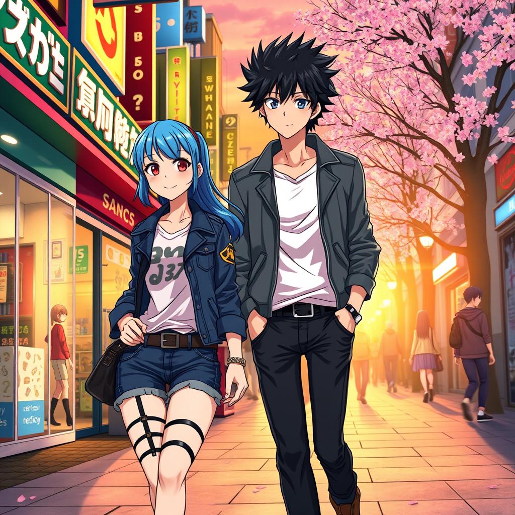 A dynamic scene featuring two Anime characters walking side by side