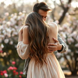 A tender and intimate scene showing a man hugging a woman from behind in a warm embrace