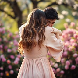 A tender and intimate scene showing a man hugging a woman from behind in a warm embrace