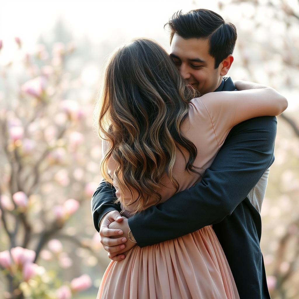 A tender and intimate scene showing a man hugging a woman from behind in a warm embrace