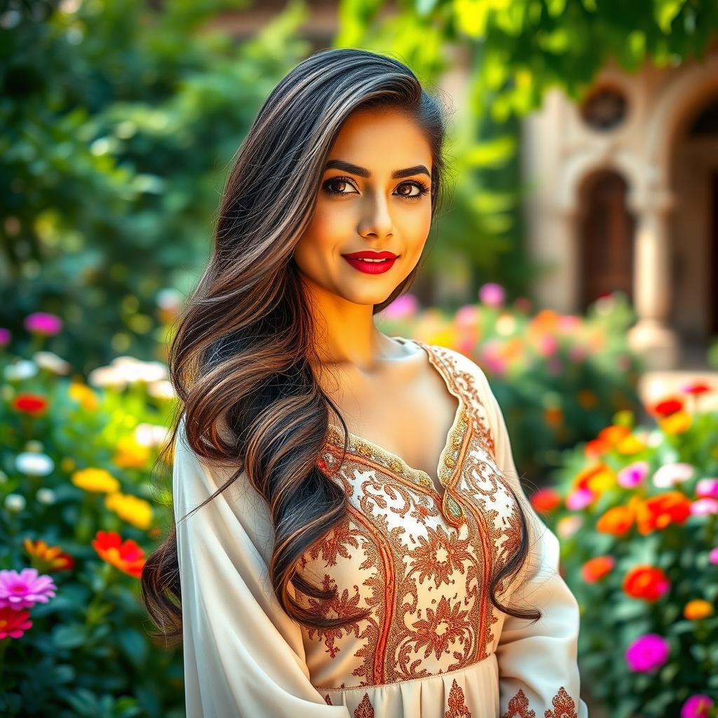 An elegant portrait of a beautiful middle-eastern woman with long dark hair styled in loose waves, wearing a traditional yet modern dress that combines cultural elegance with contemporary fashion