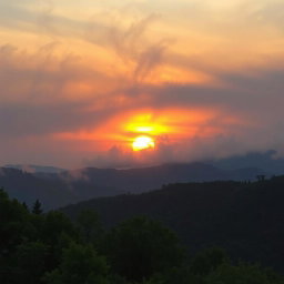 A breathtaking landscape featuring a dramatic sunset behind a mountain range, with a foreground of lush, vibrant green trees