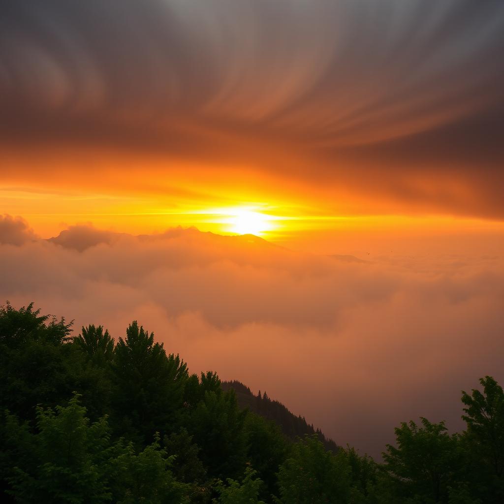 A breathtaking landscape featuring a dramatic sunset behind a mountain range, with a foreground of lush, vibrant green trees