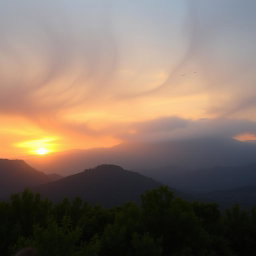 A breathtaking landscape featuring a dramatic sunset behind a mountain range, with a foreground of lush, vibrant green trees