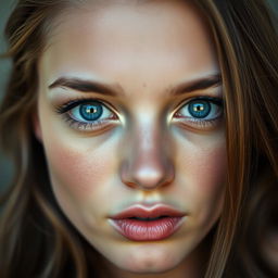 A close-up portrait of a person with striking features, showcasing their bright, captivating blue eyes, which are open wide, exuding emotion and intrigue