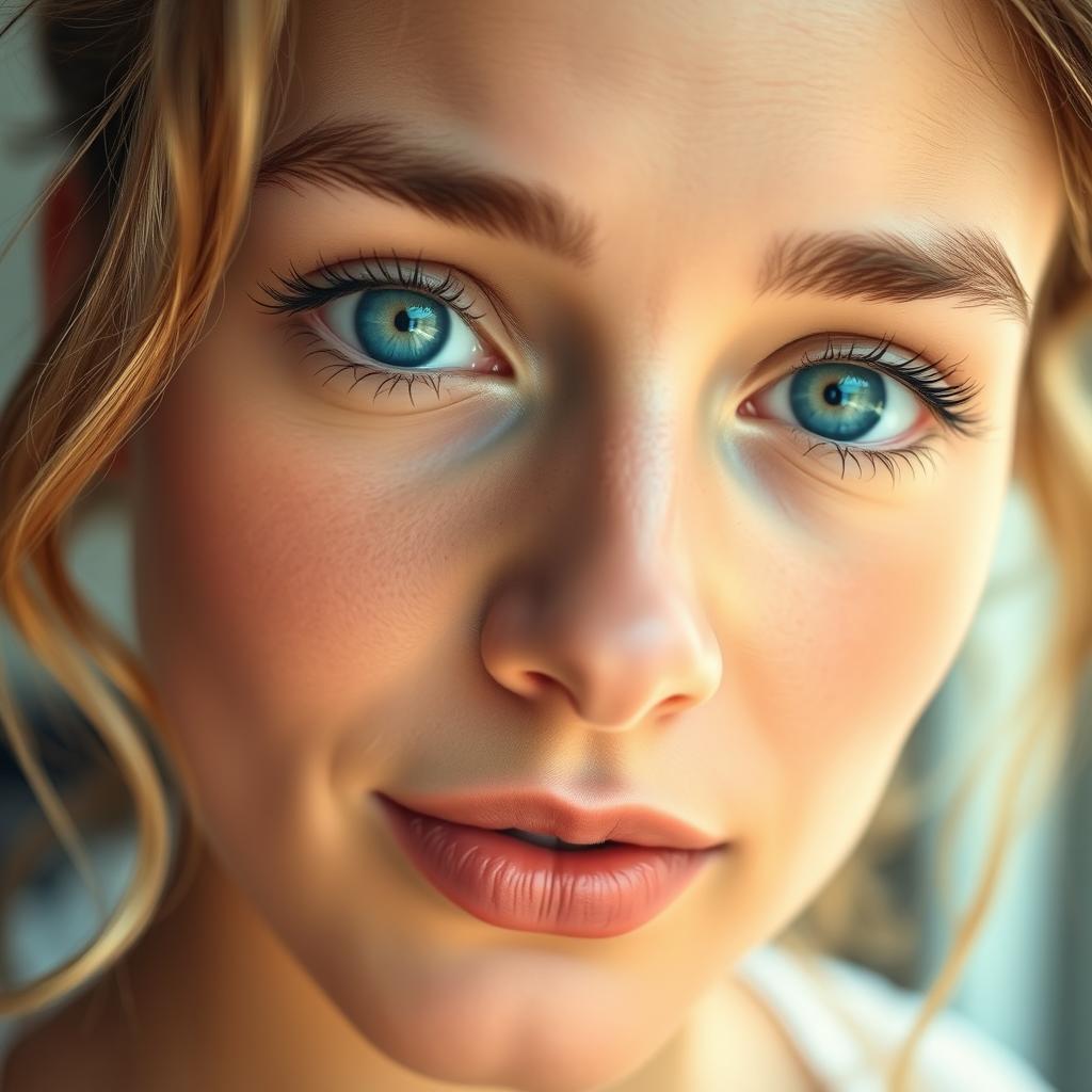 A close-up portrait of a person with striking features, showcasing their bright, captivating blue eyes, which are open wide, exuding emotion and intrigue