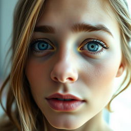 A close-up portrait of a person with striking features, showcasing their bright, captivating blue eyes, which are open wide, exuding emotion and intrigue
