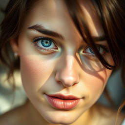 A close-up portrait of a person with striking features, showcasing their bright, captivating blue eyes, which are open wide, exuding emotion and intrigue