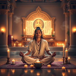 A serene and spiritual representation of Purity and Self-control in Sādhana-bhakti, set in a tranquil temple environment