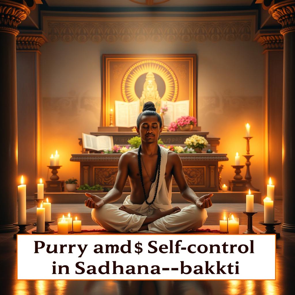 A serene and spiritual representation of Purity and Self-control in Sādhana-bhakti, set in a tranquil temple environment