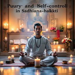 A serene and spiritual representation of Purity and Self-control in Sādhana-bhakti, set in a tranquil temple environment