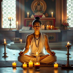 A serene and spiritual representation of Purity and Self-control in Sādhana-bhakti, set in a tranquil temple environment