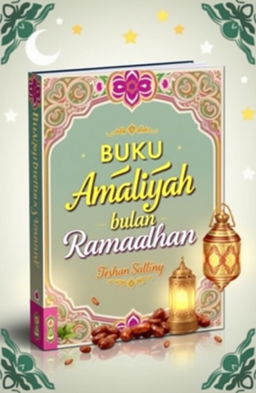 A beautifully designed book cover for 'BUKU AMALIYAH BULAN RAMADHAN', featuring elegant Islamic patterns and vibrant colors associated with Ramadan