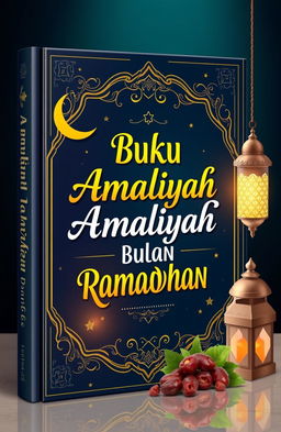 A beautifully designed book cover for 'BUKU AMALIYAH BULAN RAMADHAN', featuring elegant Islamic patterns and vibrant colors associated with Ramadan