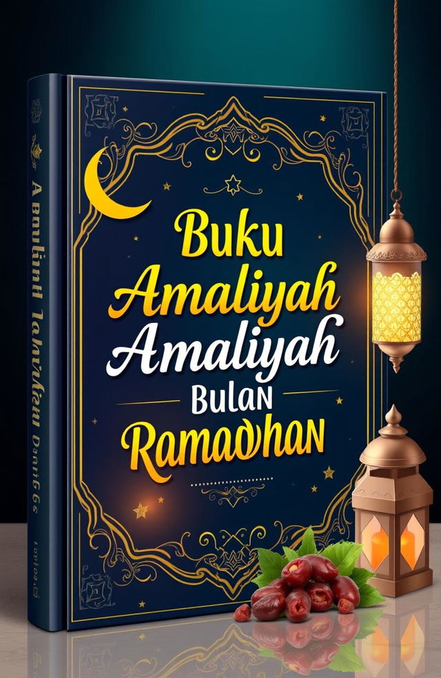 A beautifully designed book cover for 'BUKU AMALIYAH BULAN RAMADHAN', featuring elegant Islamic patterns and vibrant colors associated with Ramadan