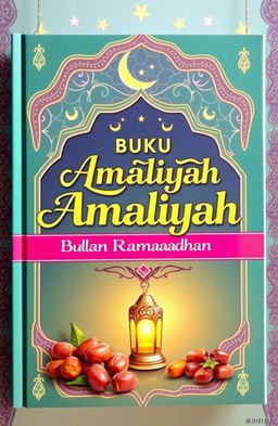 A beautifully designed book cover for 'BUKU AMALIYAH BULAN RAMADHAN', featuring elegant Islamic patterns and vibrant colors associated with Ramadan