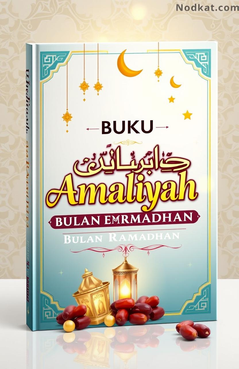 A beautifully designed book cover for 'BUKU AMALIYAH BULAN RAMADHAN', featuring elegant Islamic patterns and vibrant colors associated with Ramadan