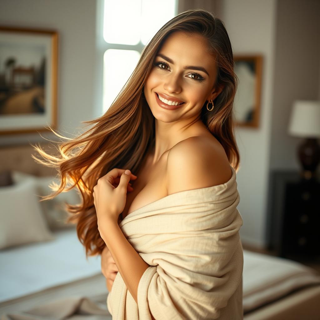 A confident and alluring woman poses gracefully, showcasing her natural beauty