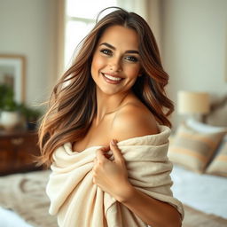 A confident and alluring woman poses gracefully, showcasing her natural beauty