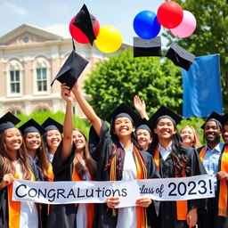 A joyful scene capturing the essence of Senior Month, showcasing a group of diverse high school seniors in caps and gowns, celebrating their graduation