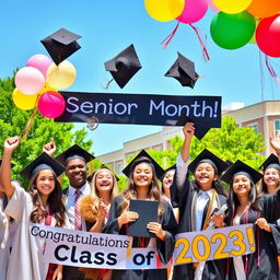 A joyful scene capturing the essence of Senior Month, showcasing a group of diverse high school seniors in caps and gowns, celebrating their graduation