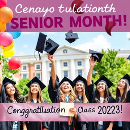 A joyful scene capturing the essence of Senior Month, showcasing a group of diverse high school seniors in caps and gowns, celebrating their graduation