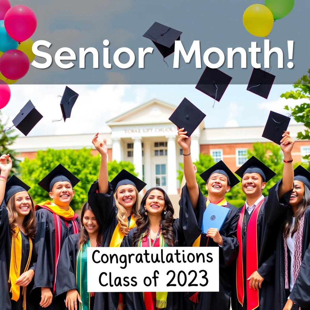 A joyful scene capturing the essence of Senior Month, showcasing a group of diverse high school seniors in caps and gowns, celebrating their graduation