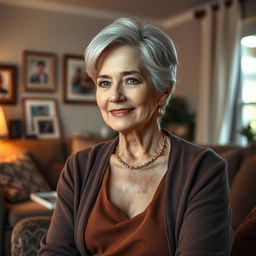 A beautiful older woman in her home, exuding confidence and charisma