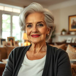 A beautiful older woman in her home, exuding confidence and charisma