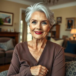 A beautiful older woman in her home, exuding confidence and charisma