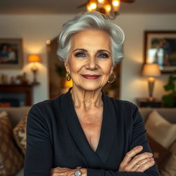 A beautiful older woman in her home, exuding confidence and charisma
