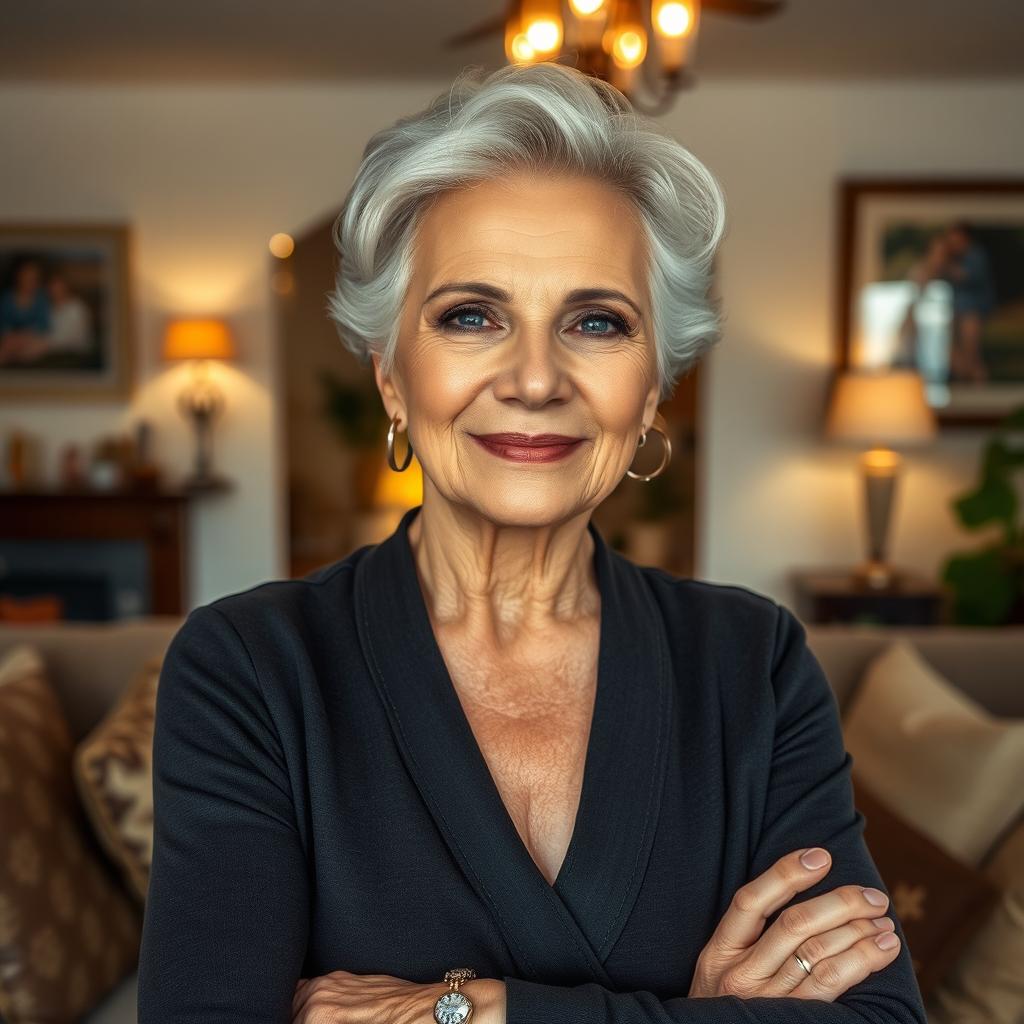 A beautiful older woman in her home, exuding confidence and charisma