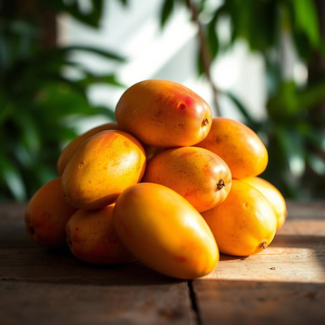 A beautifully arranged pile of ripe mangoes, showcasing their vibrant yellow-orange skin with hints of red blush, sitting on a rustic wooden table