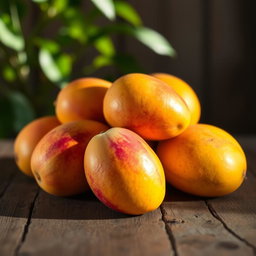 A beautifully arranged pile of ripe mangoes, showcasing their vibrant yellow-orange skin with hints of red blush, sitting on a rustic wooden table