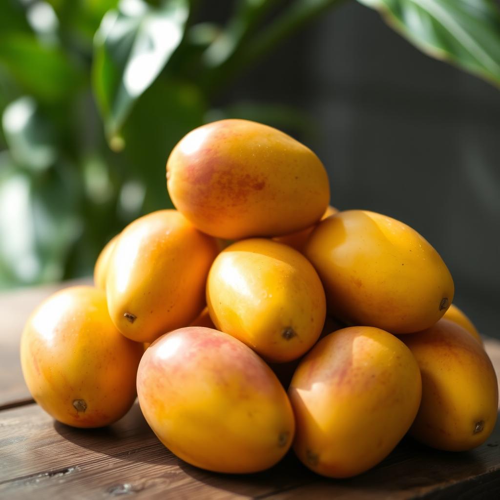 A beautifully arranged pile of ripe mangoes, showcasing their vibrant yellow-orange skin with hints of red blush, sitting on a rustic wooden table
