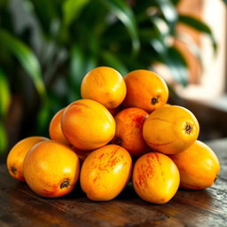 A beautifully arranged pile of ripe mangoes, showcasing their vibrant yellow-orange skin with hints of red blush, sitting on a rustic wooden table