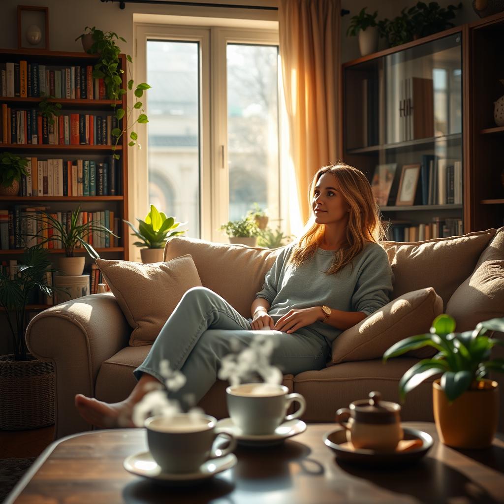 A cozy and inviting scene of a woman relaxing at home, surrounded by warm, soft lighting
