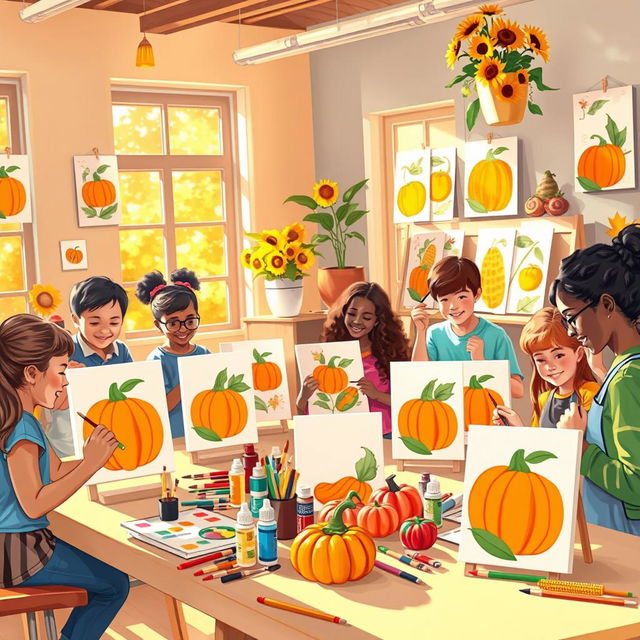 A vibrant and inspiring scene depicting creative students in a colorful art studio, enthusiastically participating in a harvest-themed art project