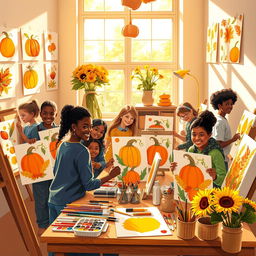 A vibrant and inspiring scene depicting creative students in a colorful art studio, enthusiastically participating in a harvest-themed art project