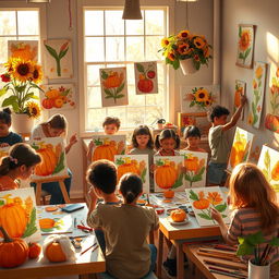 A vibrant and inspiring scene depicting creative students in a colorful art studio, enthusiastically participating in a harvest-themed art project