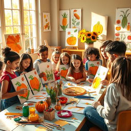A vibrant and inspiring scene depicting creative students in a colorful art studio, enthusiastically participating in a harvest-themed art project