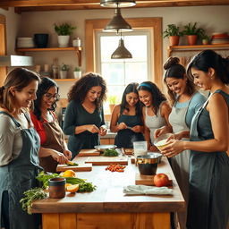A cozy, inviting kitchen scene featuring a group of diverse women engaged in cooking and baking