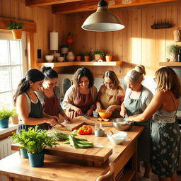 A cozy, inviting kitchen scene featuring a group of diverse women engaged in cooking and baking