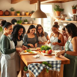 A cozy, inviting kitchen scene featuring a group of diverse women engaged in cooking and baking