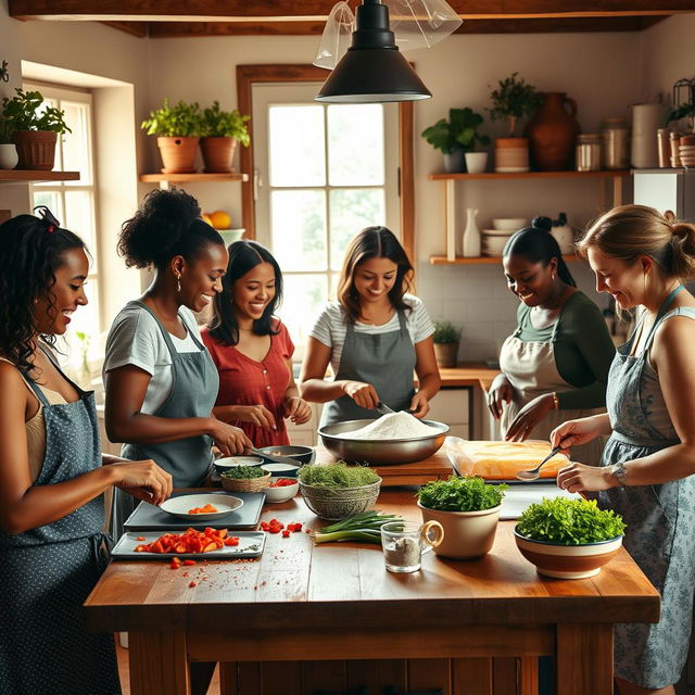 A cozy, inviting kitchen scene featuring a group of diverse women engaged in cooking and baking