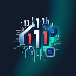A creative logo design featuring an artistic arrangement of binary numbers (0s and 1s) creatively intertwined with various computer elements such as circuit patterns, microchips, and keyboard keys