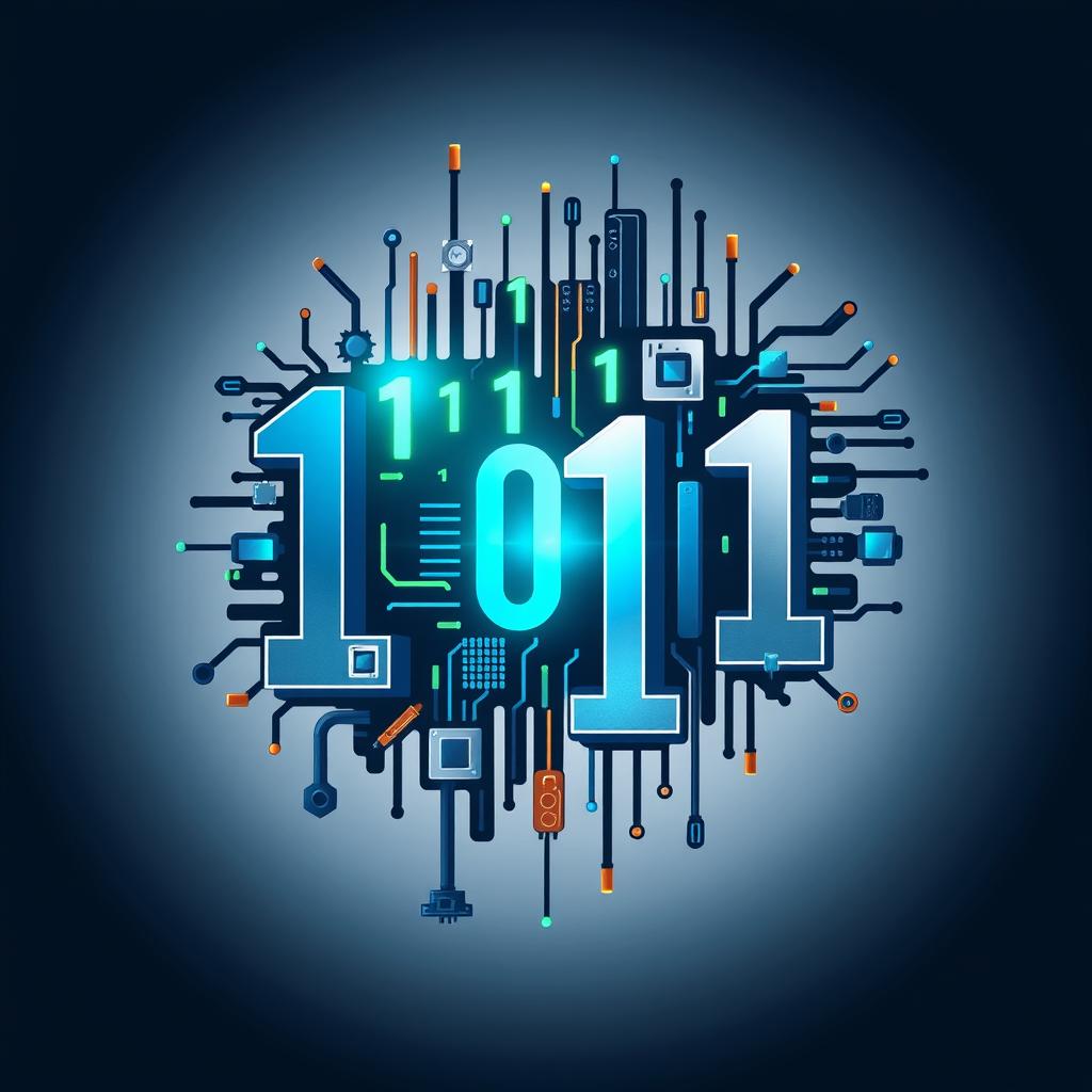 A creative logo design featuring an artistic arrangement of binary numbers (0s and 1s) creatively intertwined with various computer elements such as circuit patterns, microchips, and keyboard keys