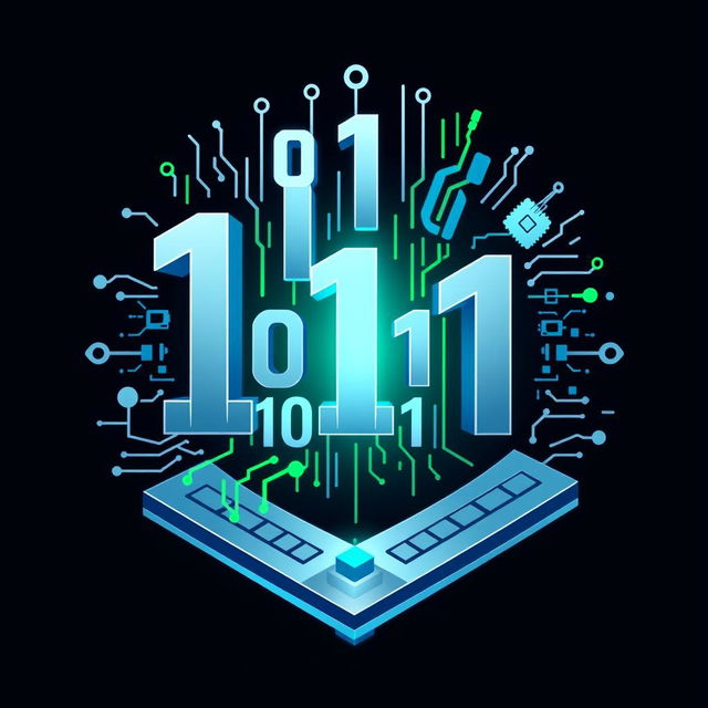 A creative logo design featuring an artistic arrangement of binary numbers (0s and 1s) creatively intertwined with various computer elements such as circuit patterns, microchips, and keyboard keys