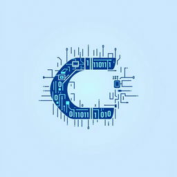 A creative logo designed from binary numbers (0s and 1s) intertwined with computer elements like circuit lines, microchips, and digital screens