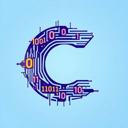 A creative logo designed from binary numbers (0s and 1s) intertwined with computer elements like circuit lines, microchips, and digital screens